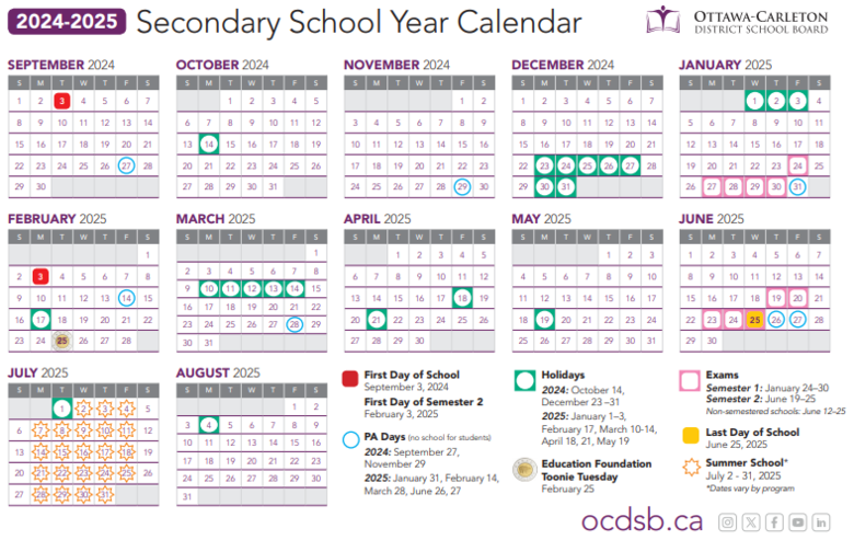 image of the o.c.d.s.b. school year calendar