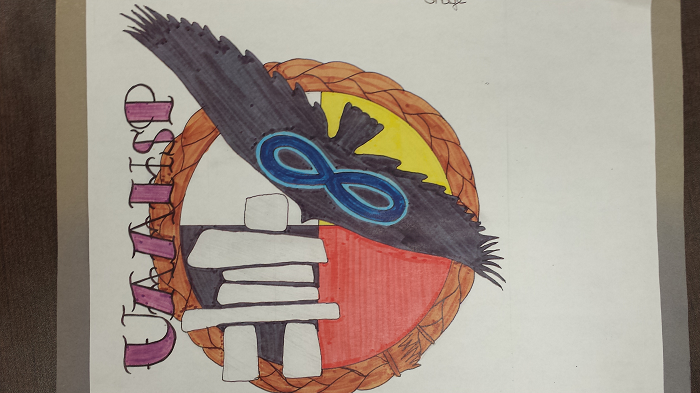 Hand-drawn logo featuring a braided circular border, a colorful Indigenous medicine wheel in the center, a black feather with an infinity symbol, and stylized text reading 'UMIISP.